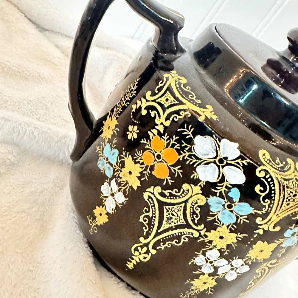Vintage Hague Teapot Dark Hand Painted Floral Made in England Cottagecore Glazed